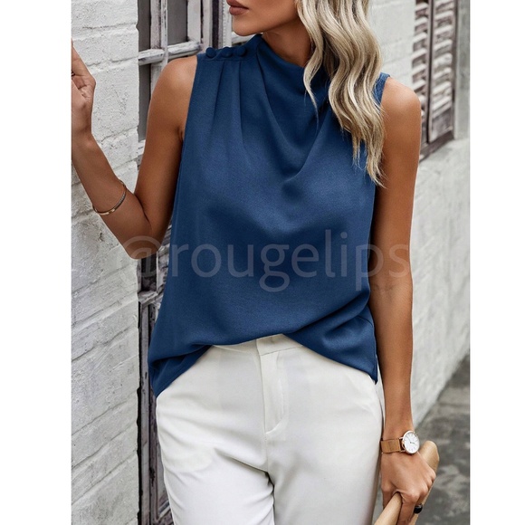 Blue Cowl Draped Pleated Neck Sleeveless Top Blouse Decorative Shoulder Buttons - Picture 5 of 7